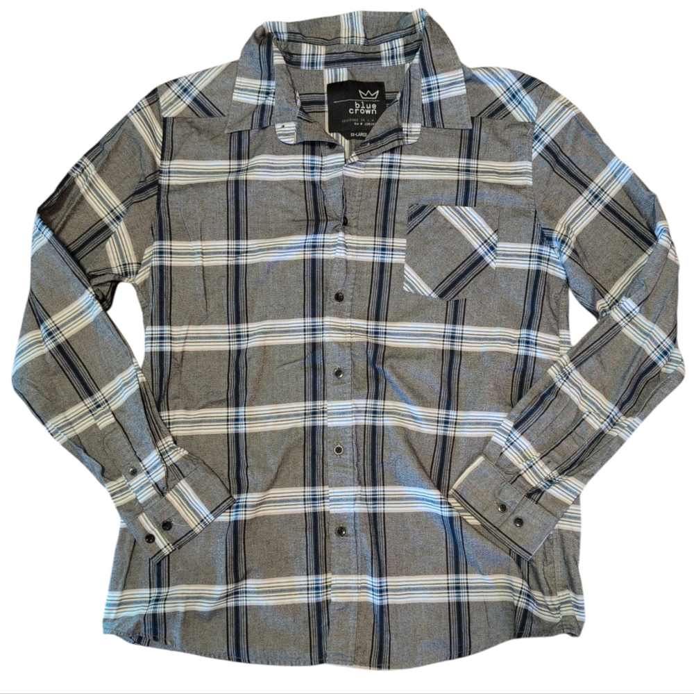 BLUE CROWN Grey White Blue Plaid Button Down Shirt